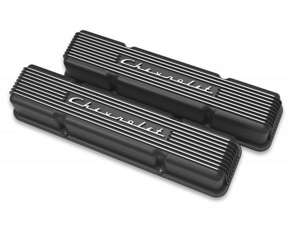 Holley GM Licensed Vintage Series SBC Valve Covers Satin Black Machined Finish